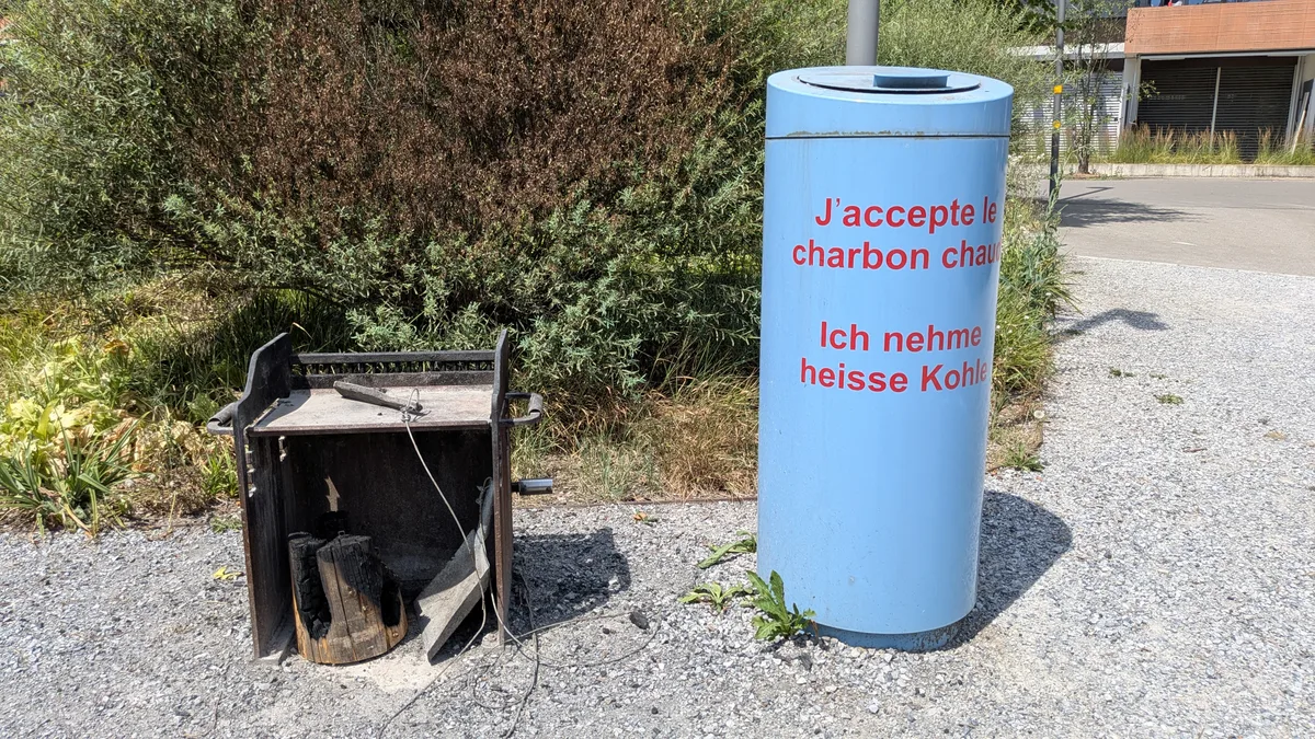 Und der Grillbereich ohne Holz, dafür mit einem Heisse-Kohlen-Kübel. Impressionen aus einem Park.